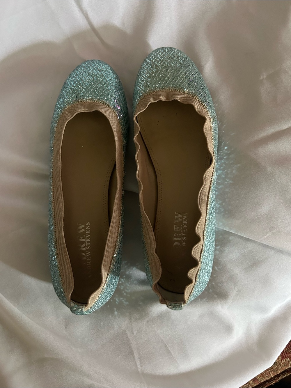 Andrew Stevens Glitter Ballet Flats in Light Blue with Beige Trim